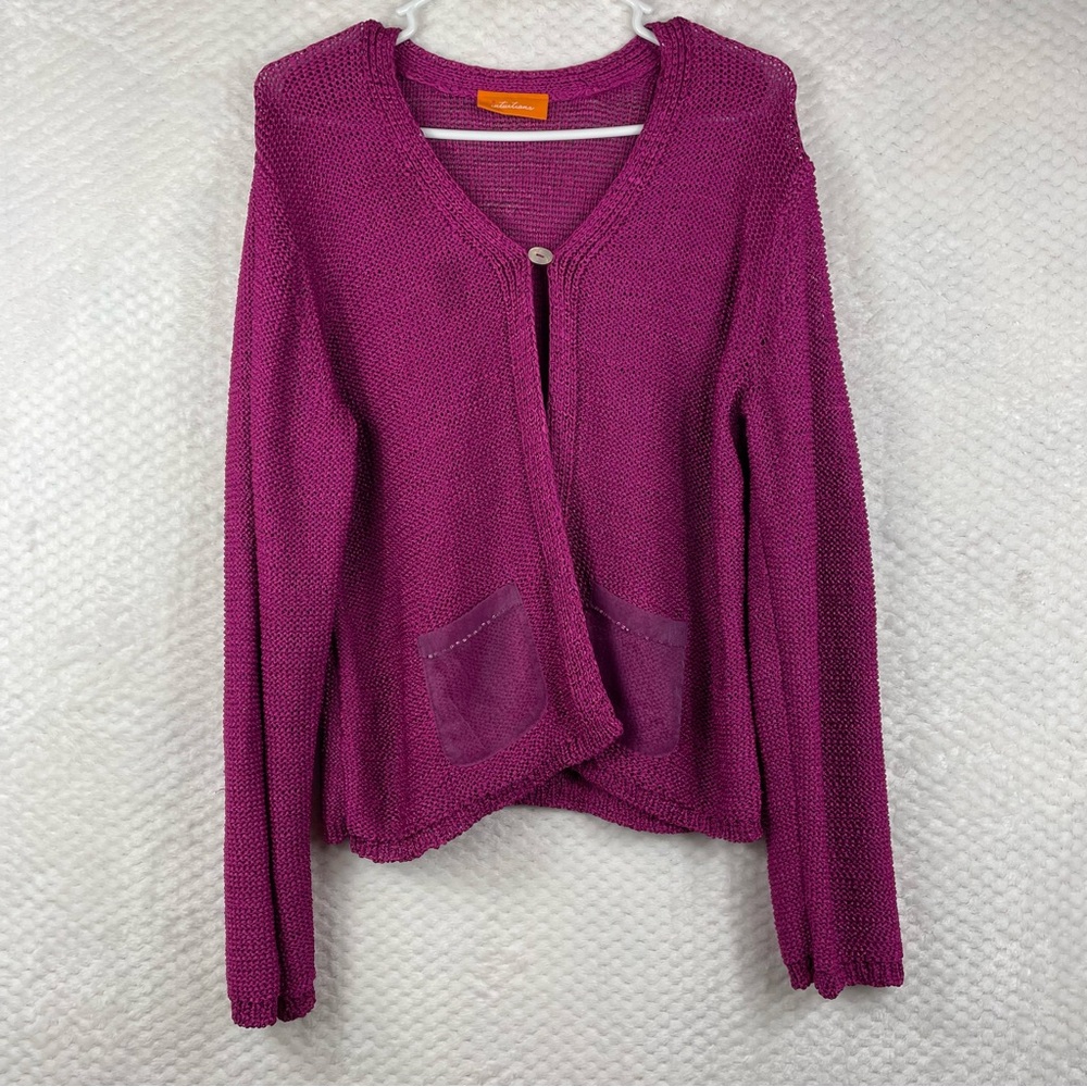 💖5/$25 Intuitions Purple Pearl Button Cardigan Front Sheer Pockets Size XL